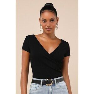 Lulus All Day Fave Black Ribbed Surplice Short Sleeve Bodysuit - Size M